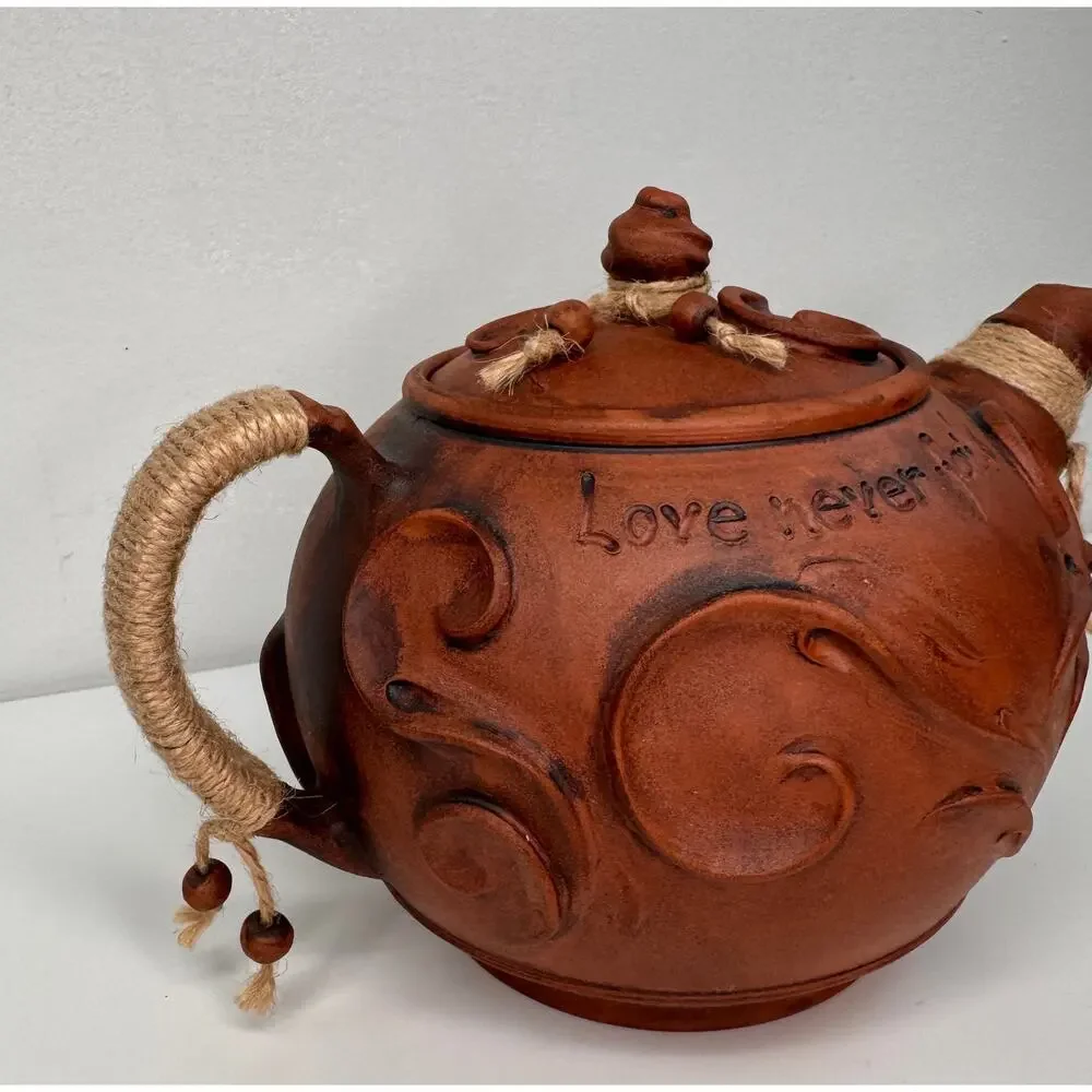 Doladu LOVE NEVER FAILS Brown Teapot Ceramic Rustic Pottery Handcrafted with Lid